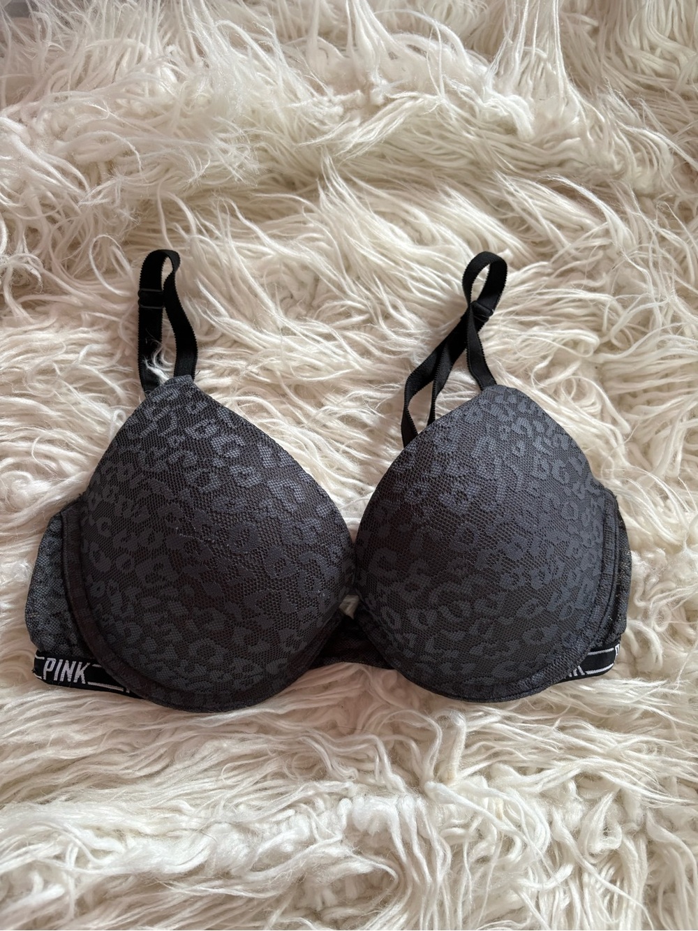 PINK Victoria’s Secret Black Leopard Lace Wear Everywhere Push Up Bra 34C